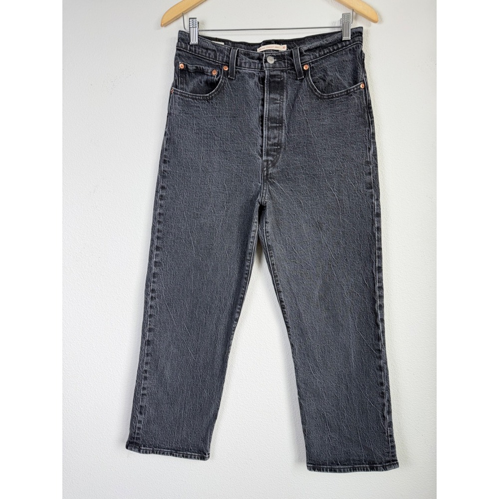 Levi's Ribcage Straight Ankle Jeans 30 Black Acid Wash High Rise Grunge 90s